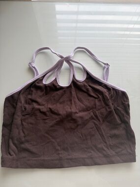White Fox Boutique Brown Ribbed Halter Bandeau with Lavender Trim